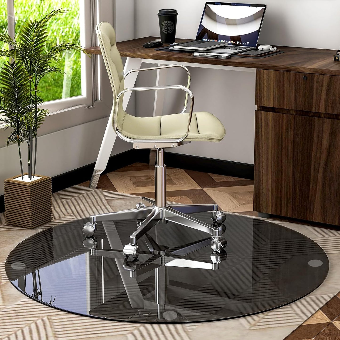 55" x 55" Round Tempered Glass Chair Mat for Carpet & Hardwood, Heavy-Duty Glass Floor Mat for Office Chair, Durable Glass Desk Mat for Home and Office, Grey