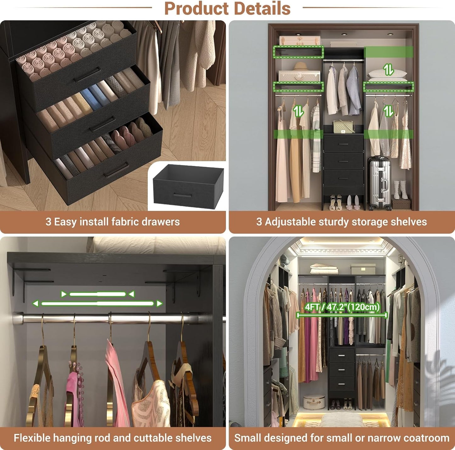 4FT Small Closet System with 3 Fabric Drawers, 48'' Closet Organizer System With 3 Adjustable Shelves, Flexible Built-In Clothes Garment Rack for Small Space, 48" L x 13" W x 71" H, Dark Black