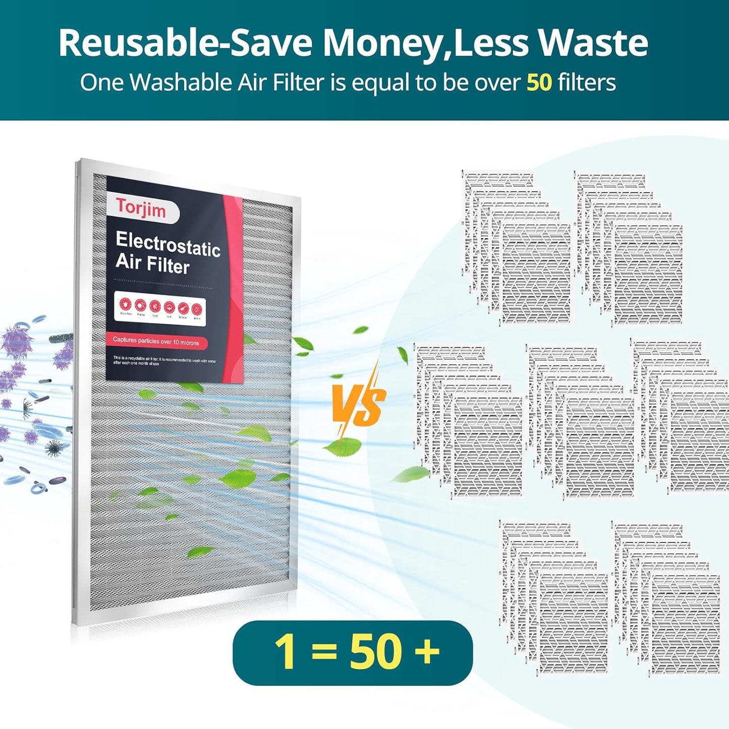 Torjim 18x20x1 MERV8 Washable Electrostatic Air Filter - AC/HVAC Furnace Filter, Permanent, Easy Install