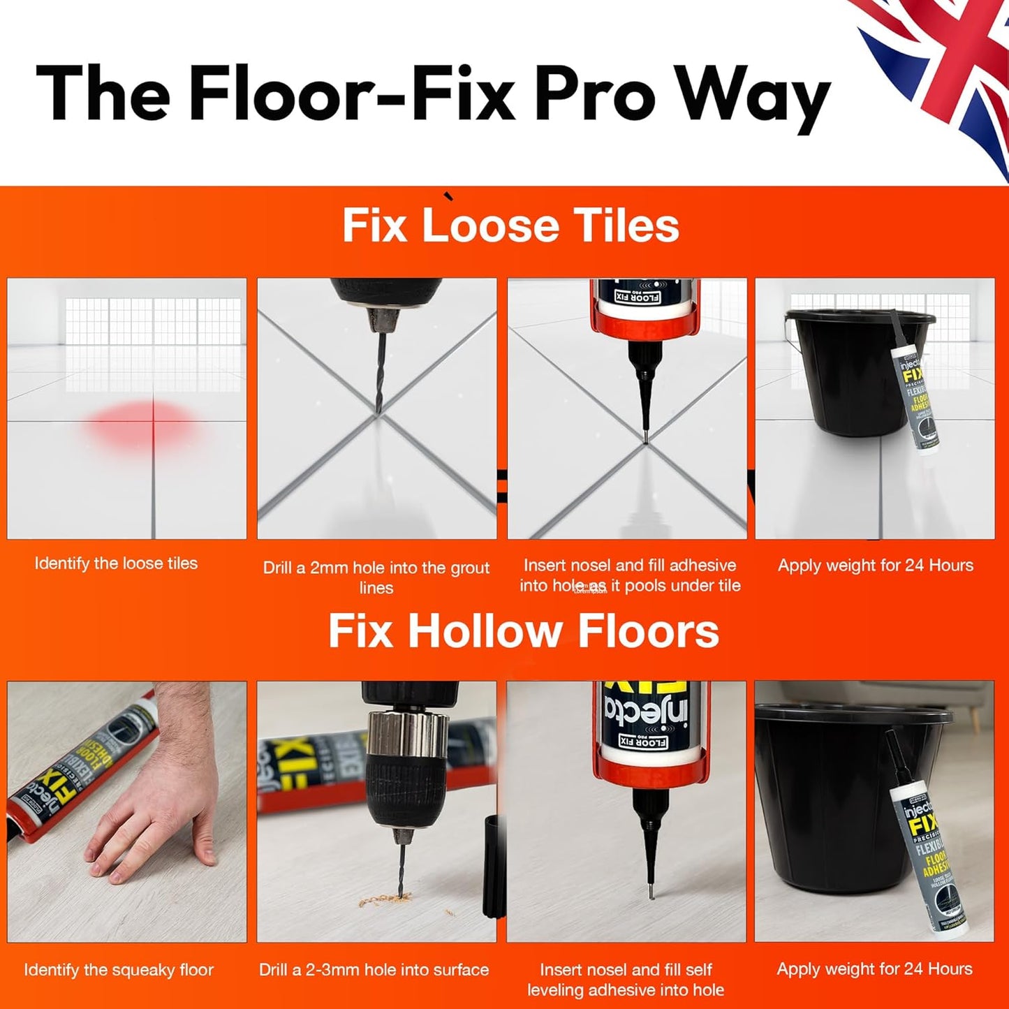 Precision 300ml from Floor-Fix Pro - Fix Loose Tiles - for Loose & Hollow Tiles, Wood, LVT & Laminate - Includes 1.9mm Syringe Tip - Adjustable to 6mm + Anti-Clog Performance (Pack of 6)