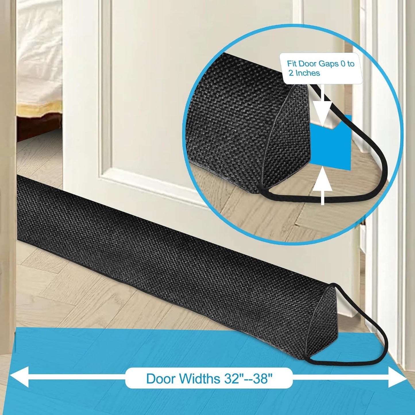 QUOLIX Triangle Under-Door Draft Stopper, 38" Noise Blocker, Weighted Weather Stripping, Gray Cotton & Polyester, Multi-Function Noise & Light Blocker, Black