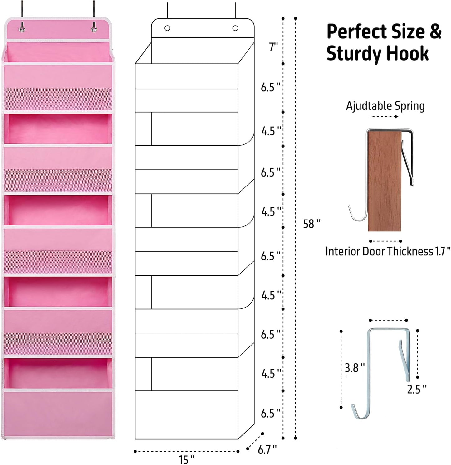 Over Door Organizer with 5 Large Pockets, Heavy Duty Hanging Organizer Storage, Closet Bathroom Nursery Bedroom Dorm, Toys Cosmetics Sundries and Baby Essentials, Pink