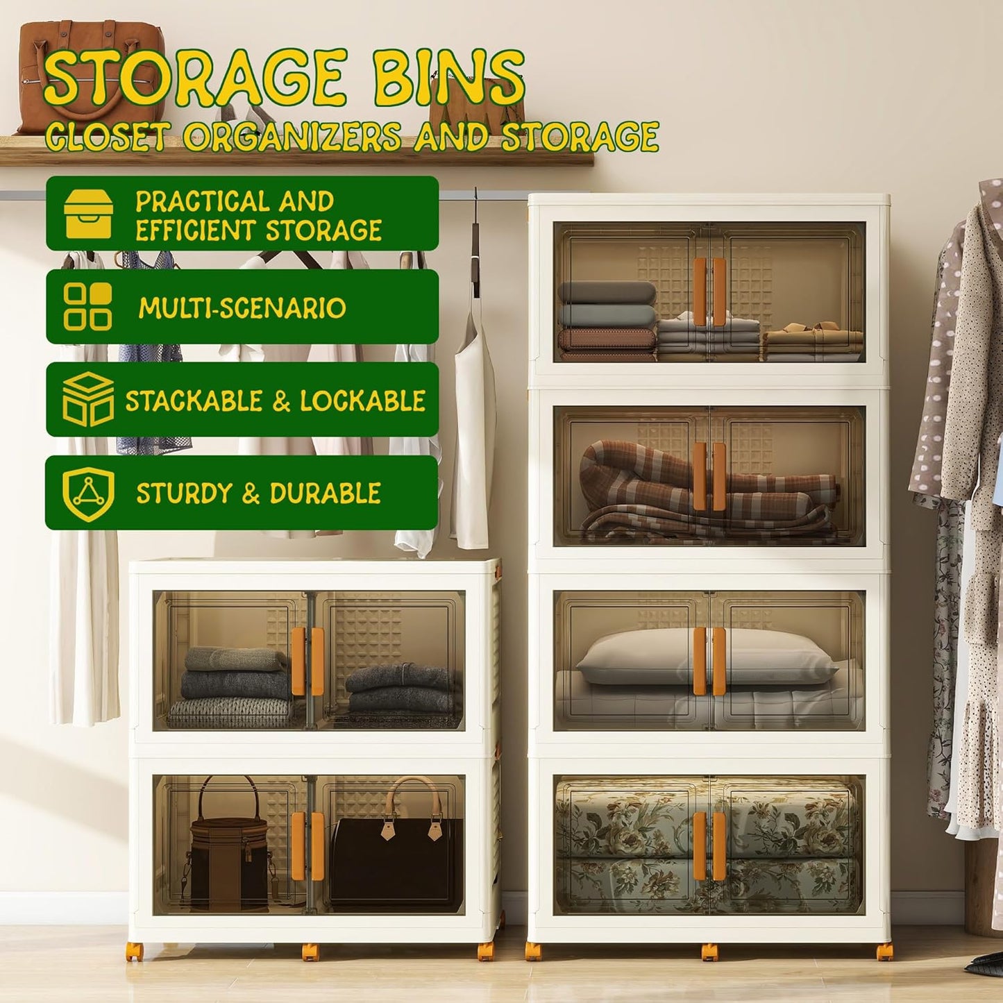 4 Tier Extra Large Stackable Storage Bins with 1 Lid 155 QT/Tier, Collapsible Plastic Box Storage Bin with Wheels, Home Containers Boxes Closet Organizers for Living Room, Office, Dorm