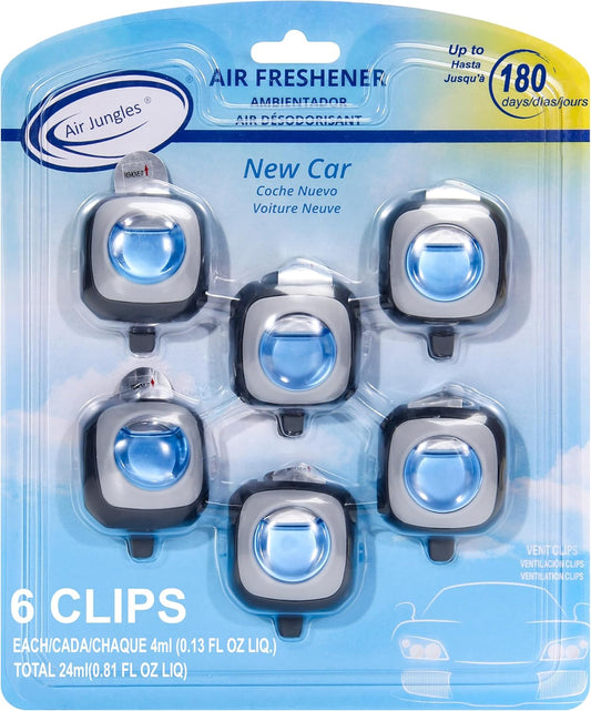 Air Jungles New Car Scent Car Air Freshener Clip, 6 Vent Clips, 4ml Each, Long Lasting Air Freshener, Up to 180 Days Odor Eliminator