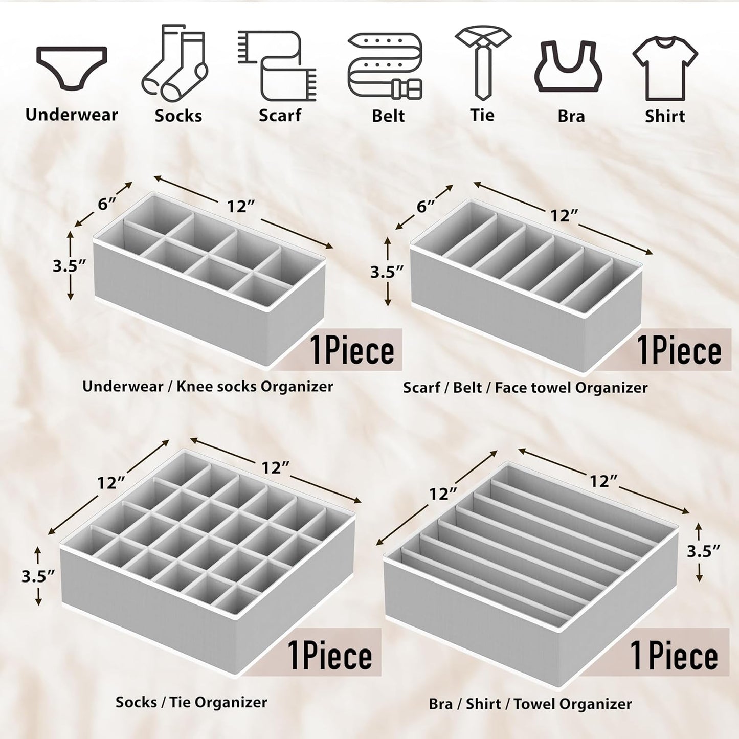 Simple Houseware 4-Pack Drawer Organizer Set - Closet Dividers for Underwear, Socks, Bras, Scarves, Ties - Foldable Non-Woven Storage Boxes, Gray