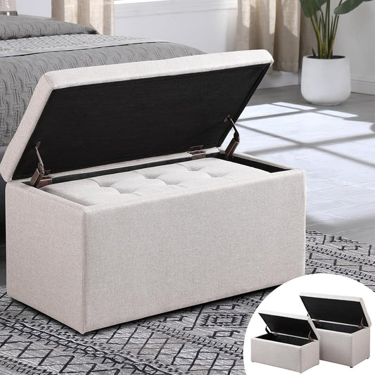 Storage Ottoman Bench with 2.56-inch Thick Seat, 31.5 inch Nesting Ottoman Set of 2, Hinged Flip Top Bench with Storage for Living Room, Bedroom, Beige