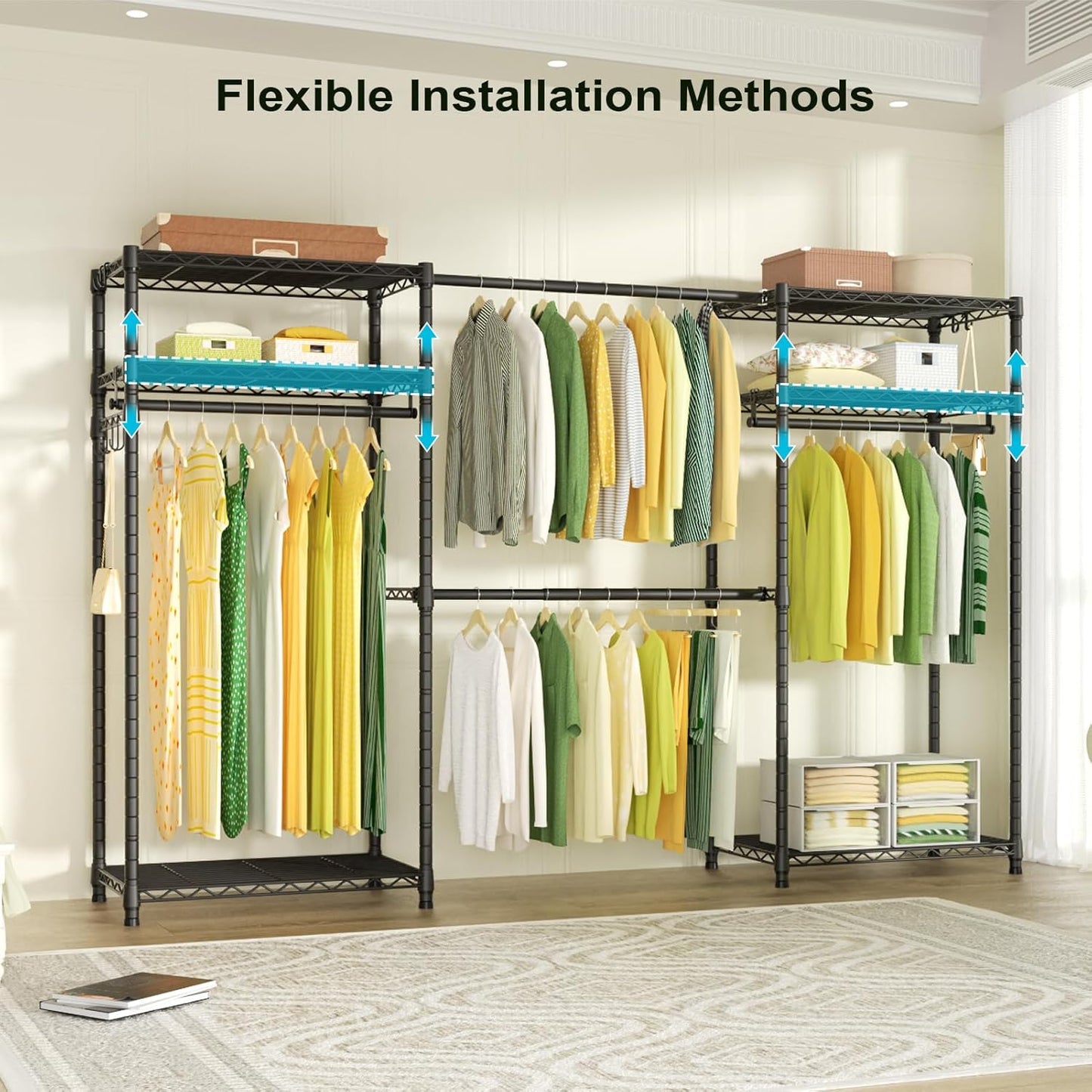 Ulif E1 Heavy Duty Closet Garment Rack, 6 Tiers Adjustable Metal Freestanding Expandable Clothing Storage with 4 Hanger Rods, Easy to Assemble Wardrobe, 71.4" H x (70" - 88.2") L x 14" D, Black