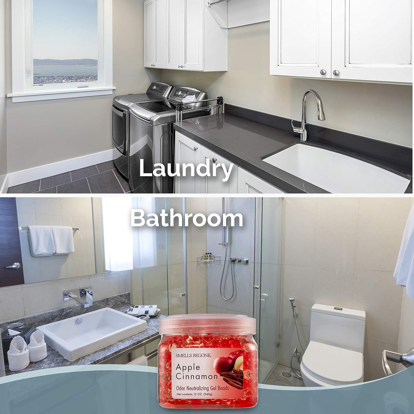 SMELLS BEGONE Odor Eliminator Gel Beads - 12 oz, Pack of 2 - Eliminates Odor in Bathrooms, Cars, Boats, RVs & Pet Areas - Air Freshener - Made with Essential Oils - Apple Cinnamon Scent