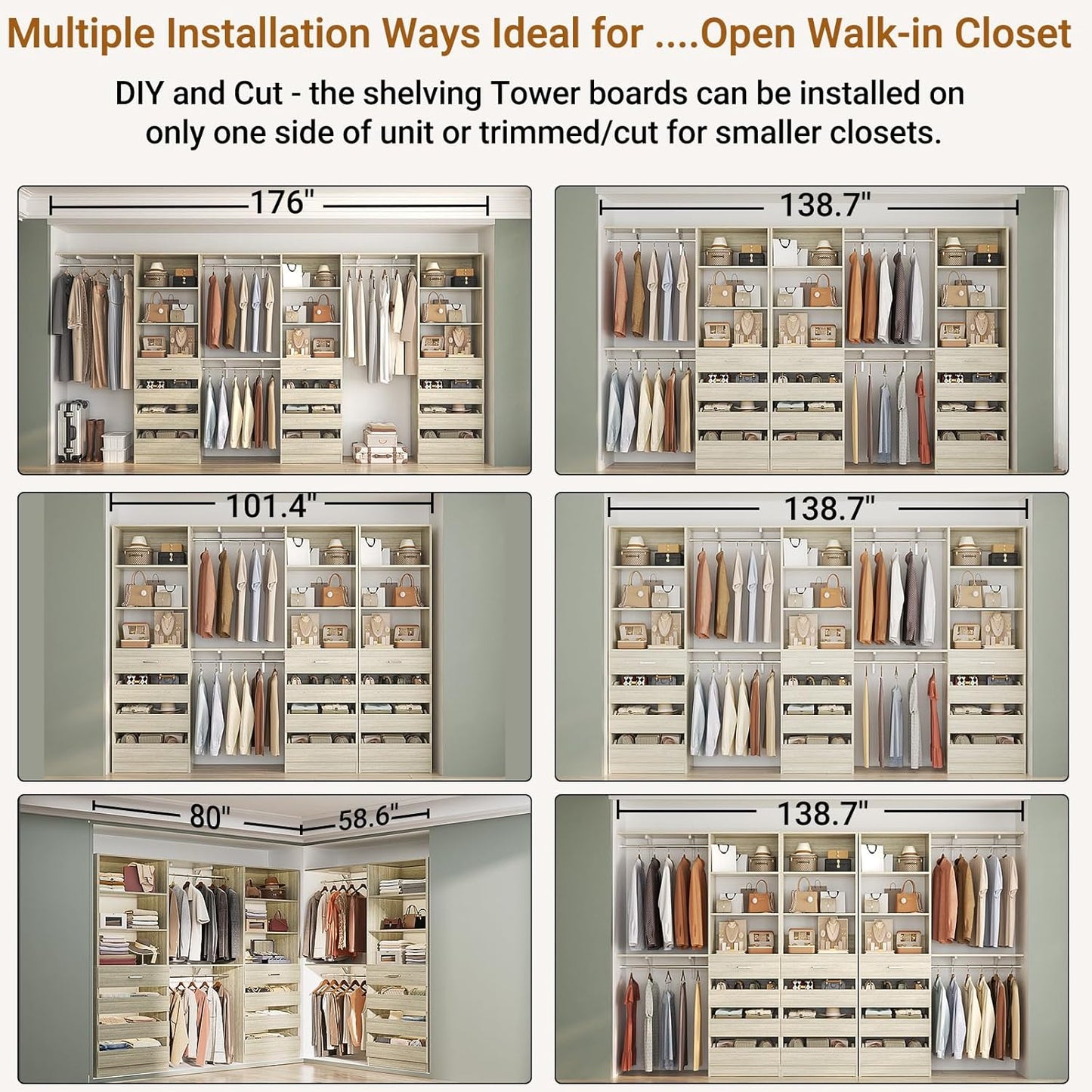 Aheaplus Closet System Set of 3, 138.5" Wood Closet Organizer System Tower with 12 Drawers & 4 Hanging Rods, 6.7+4.85Ft L Shaped Walk-in Closets Wardrobe Organizer Garment Rack with Shelves, White Oak