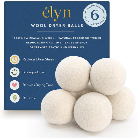 ELYN Wool Dryer Balls 6-Pack - XL, 100% New Zealand Wool, Reusable and Handmade. Fragrance-Free, Natural Fabric Softener, Reduce Wrinkles and Decrease Drying Time (White)
