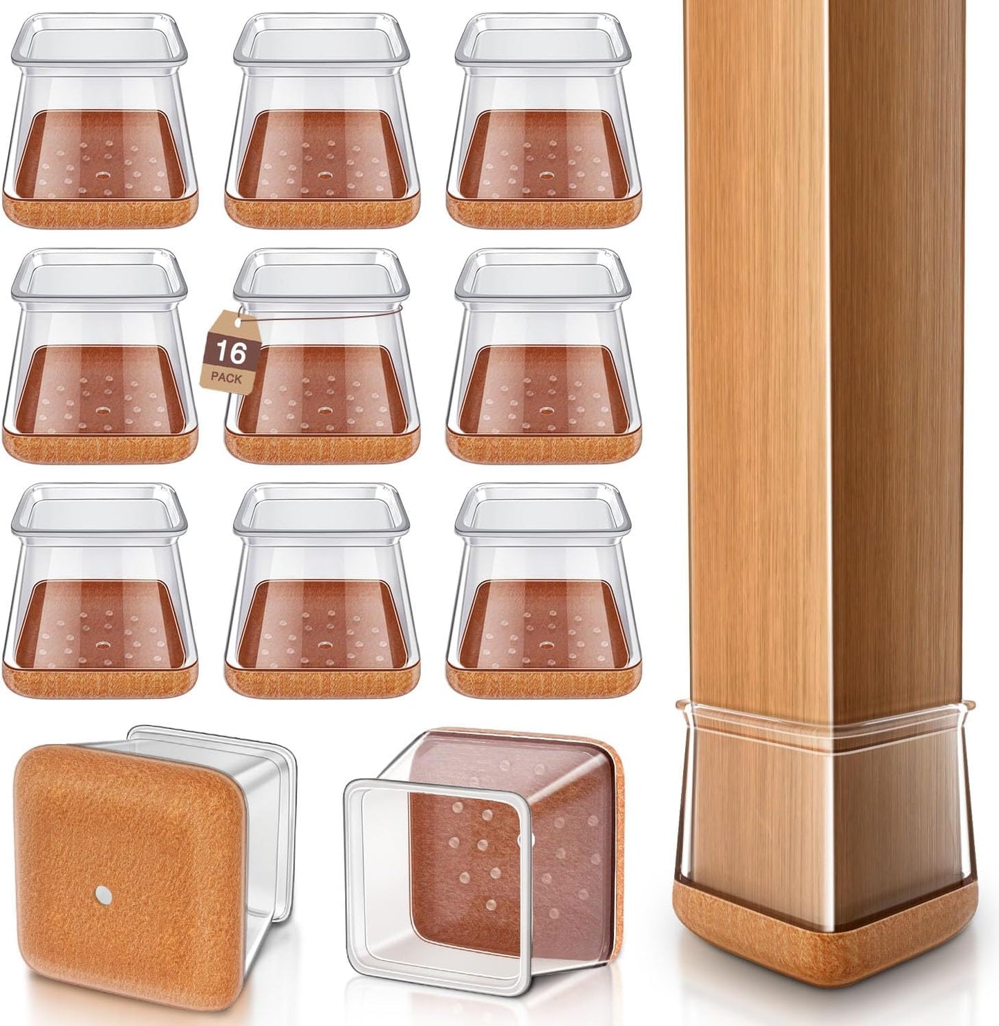 Chair Leg Floor Protectors Square Chair Leg Protectors for Hardwood Floors Silicone Caps Felt Strengthen Bottom Protection Anti-Scratch Reduce Noise 16 Pack Clear Square M Fit:13/16" to 1" (20-26mm)