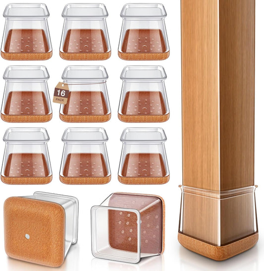 Chair Leg Floor Protectors Square Chair Leg Protectors for Hardwood Floors Silicone Caps Felt Strengthen Bottom Protection Anti-Scratch Reduce Noise 16 Pack Clear Square M Fit:13/16" to 1" (20-26mm)