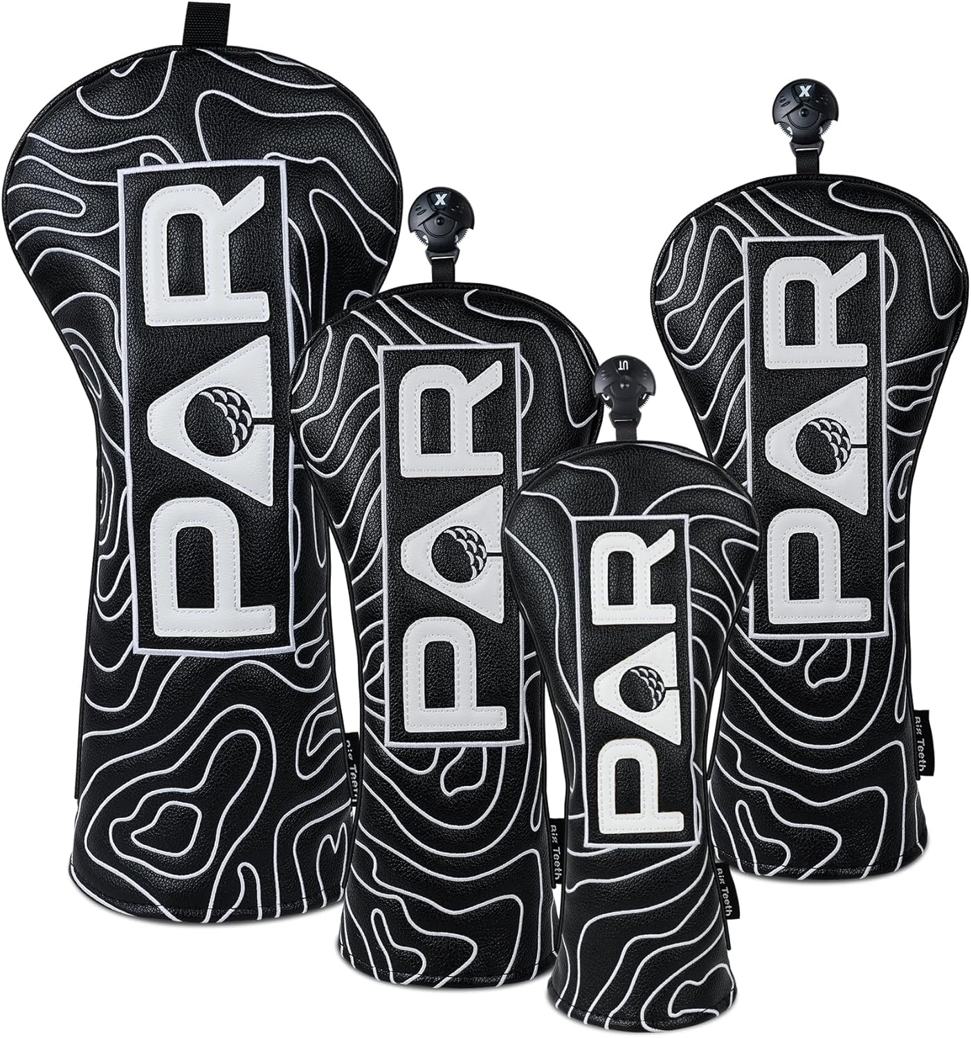 Big Teeth Golf Club Covers Full Set Driver Headcover Fairway Wood Hybrid Golf Club Iron Head Covers, Topographic Edition Putter Cover Leather Golf Head Covers Pure Black, Gifts for Men