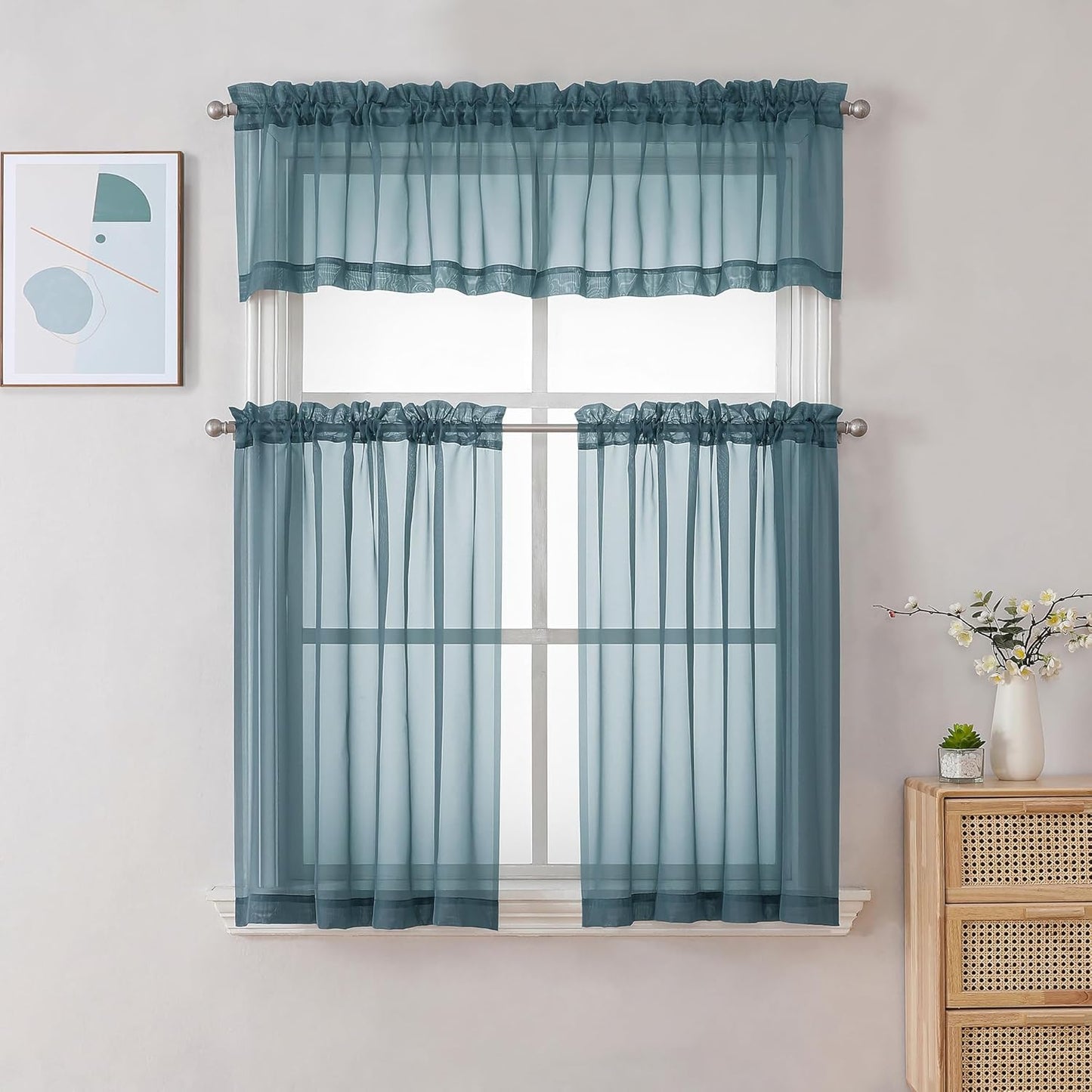 Chyhomenyc Sheer Stone Blue Tier Curtains 24 Inch Length, Small Window Curtains Treatment for Bathroom Living Room Basement, Short Rod Pocket Cafe Curtain, 42W x 24L Inches, 2 Panels