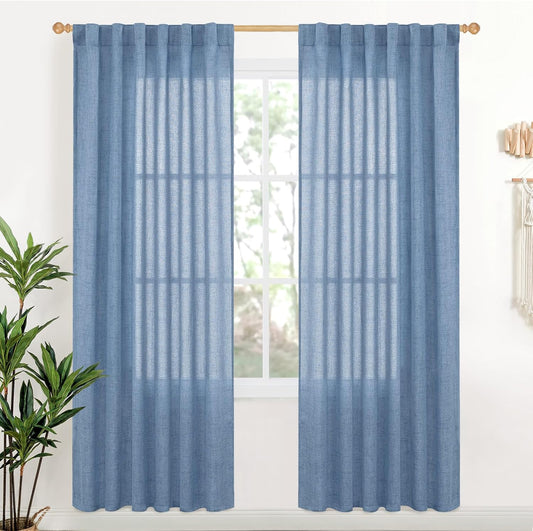 YoungsTex Denim Blue Linen Curtains 78 Inch Length for Living Room, Light Filtering Semi Sheer Window Drapes Rod Pocket Back Tab Curtain for Bedroom Office Dining Coastal, 2 Panels, 52 X 78 Inch