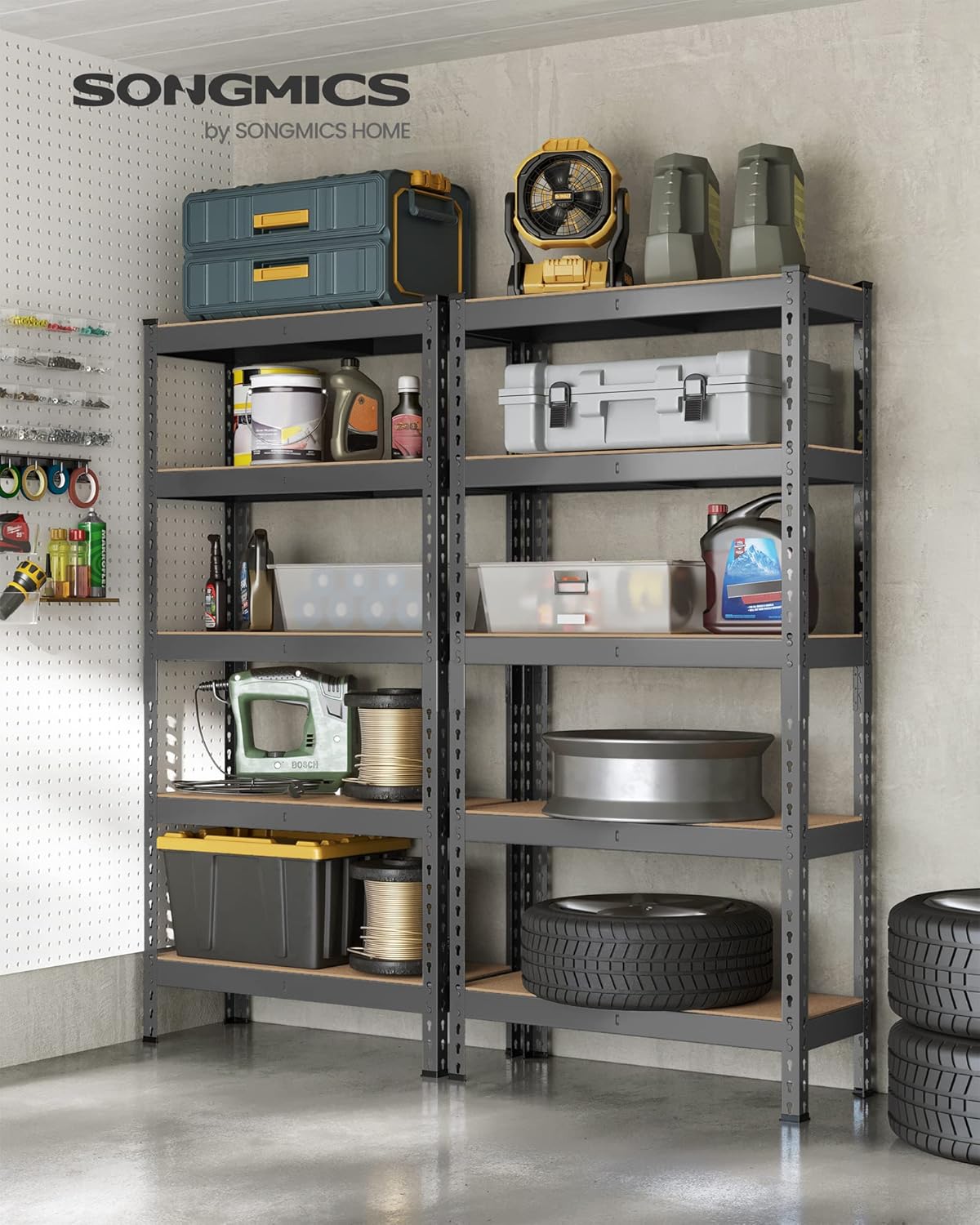 SONGMICS 5-Tier Storage Shelves, Load 2310 lb, Set of 2 Garage Storage, Boltless Assembly, Adjustable Shelving Unit, 11.8 x 29.5 x 59.1 Inches, for Study Shed Basement, Gray UGLR300G02