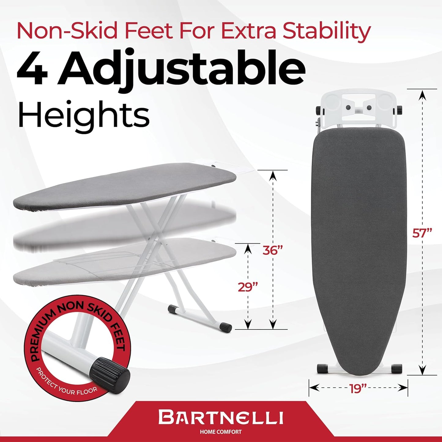 Bartnelli Extra Wide Pro Ironing Board 19x48 Ironing Surface with Iron Rest, Cord Holder, Shelf and 4 Layer Heat Resistant Cover and Pad