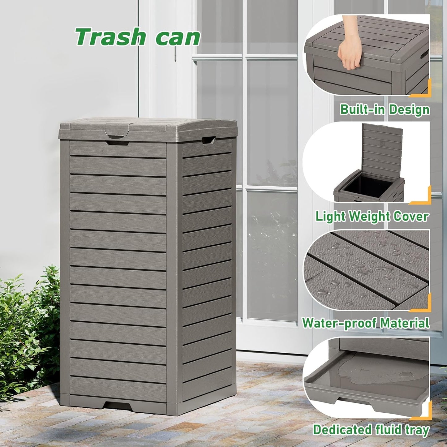 NUNU LAB 31 Gal Outdoor Trash Can with Lid - Heavy Duty Waterproof Resin, Removable Drip Tray, Fits 33-40 Gallon Bags - Large Garbage Bin for Patio, Backyard, Deck
