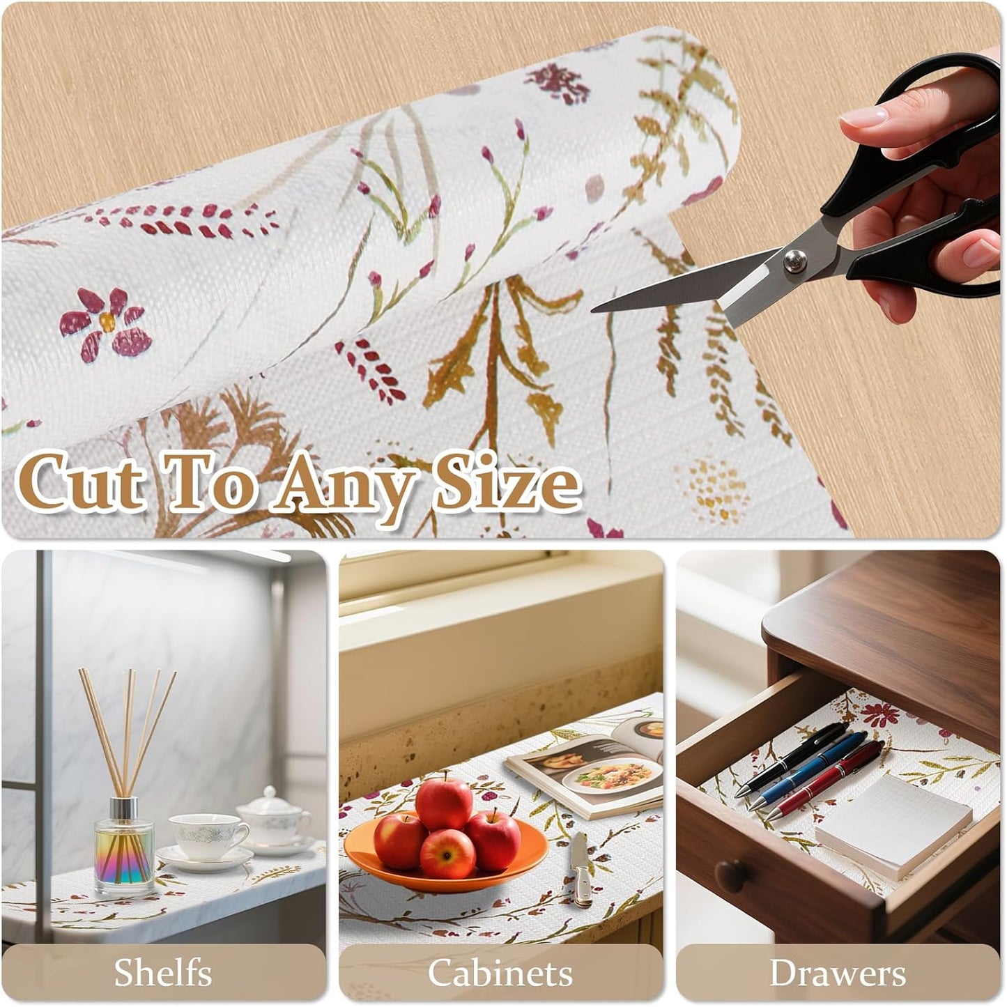 FINNEZ Shelf and Drawer Liner 12in x 30FT with Cutting Tool, Non Slip Non Adhesive Drawer Liners for Kitchen Cabinets, Waterproof Floral Cabinet Liner for Shelves, Refrigerator