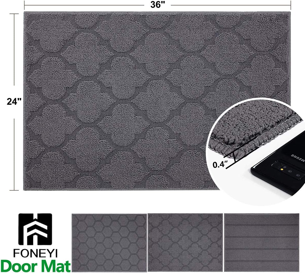 FONEYI Indoor Door Mat, Entrance Rug 24" x 36" Non-Slip Rubber Backing, Machine Washable Entry Rug, Low Profile Absorbent Dirt Trapper Doormat Inside Floor Mats for Entryway, Grey