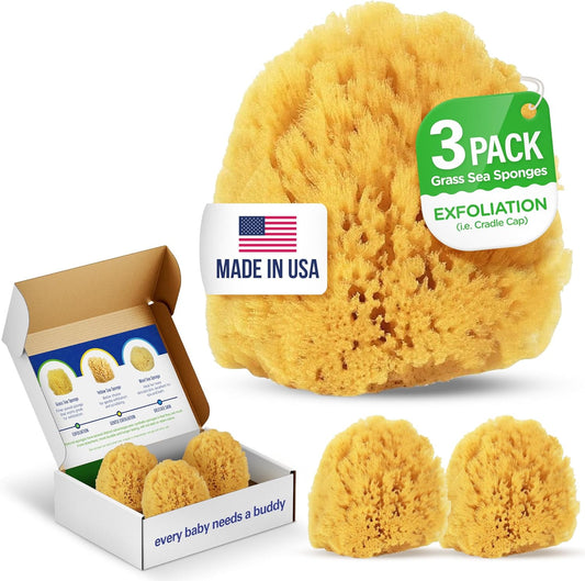Baby Buddy Absorbent Natural Bath Sponge, Soft Exfoliating Grass Sponge, Soft on Baby's Tender Skin, Bath Accessories Baby and Kids, Infant Bath, Biodegradable, Hypoallergenic, 3pk, 4in