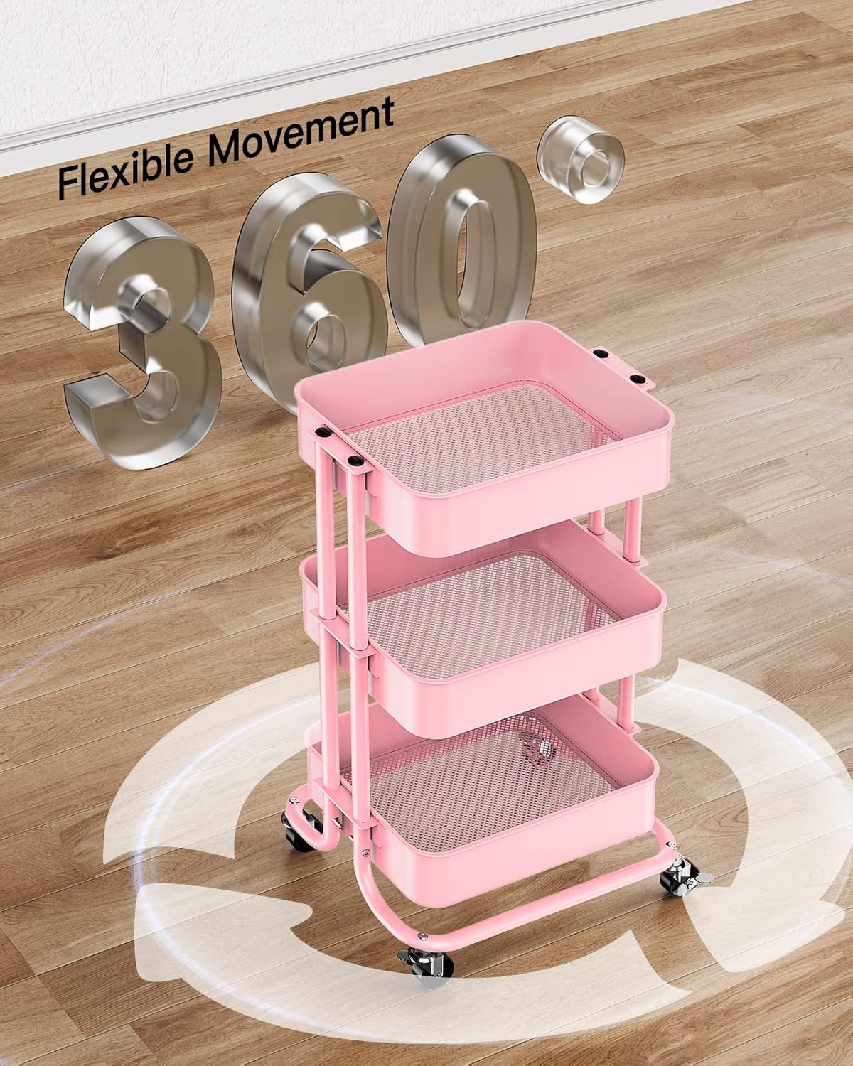 Pipishell 3-Tier Metal Rolling Utility Cart, Heavy-Duty Storage Cart with 2 Lockable Wheels, Multifunctional Mesh Organization Cart for Kitchen Dining Room Living Room (Pink)