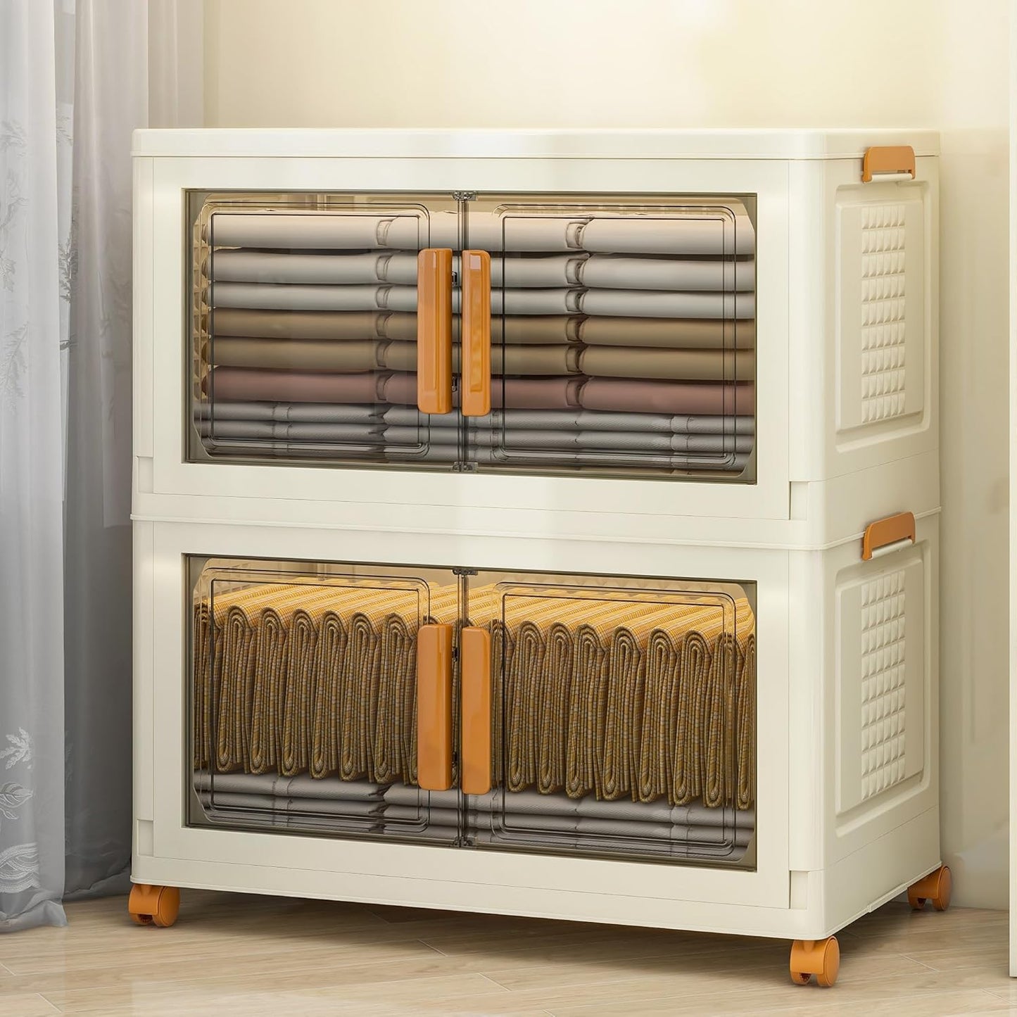 2 Tier Extra Large Stackable Storage Bins with 1 Lid 205 QT/Tier, Collapsible Plastic Box Storage with Wheels, Home Containers Boxes Closet Organizers for Living Room, Office, Dorm