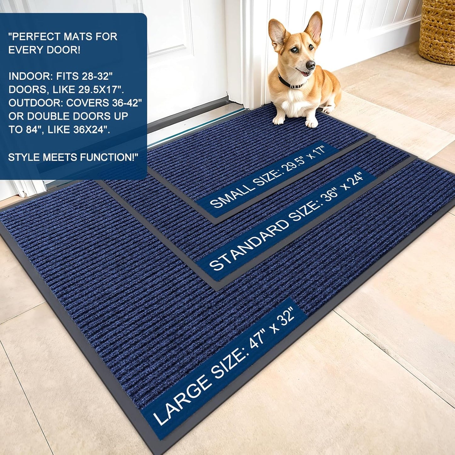 OLANLY Front Door Mat Indoor Outdoor Entrance, Waterproof Heavy Duty Doormat, Fade Resistant, Low Profile, Easy Clean Patio Porch Welcome Floor Mats for Entry, 29.5x17, Blue