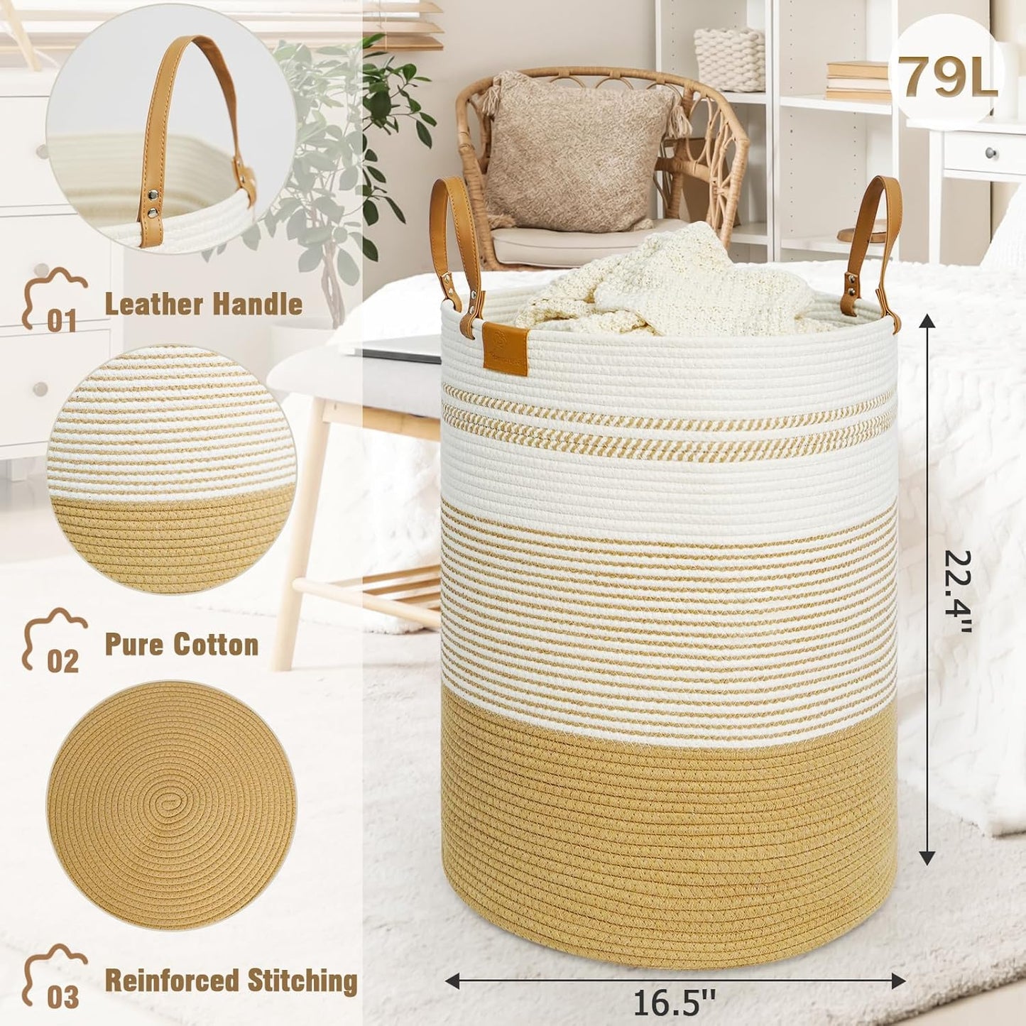 danpinera 79L Laundry Hamper Basket, Tall Round Dirty Clothes Hamper with Handle, Woven Storage Basket for Blanket, Toy, Pillow, Blanket Bin for Living Room, Nursery Room Gradient Jute