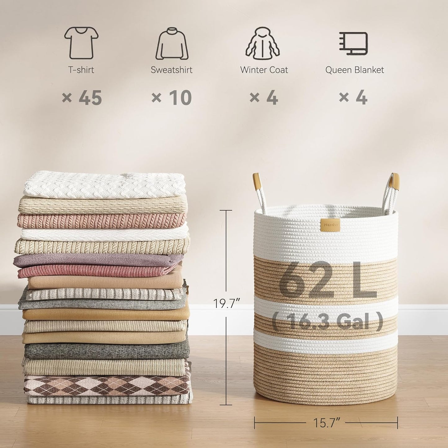 62L Striped Laundry Hamper with Leather Handles,Large Foldable Laundry Basket for Clothes,Cotton Rope Storage Bin for Blankets,Woven Clothes Basket for Bedroom, Beige Stripes