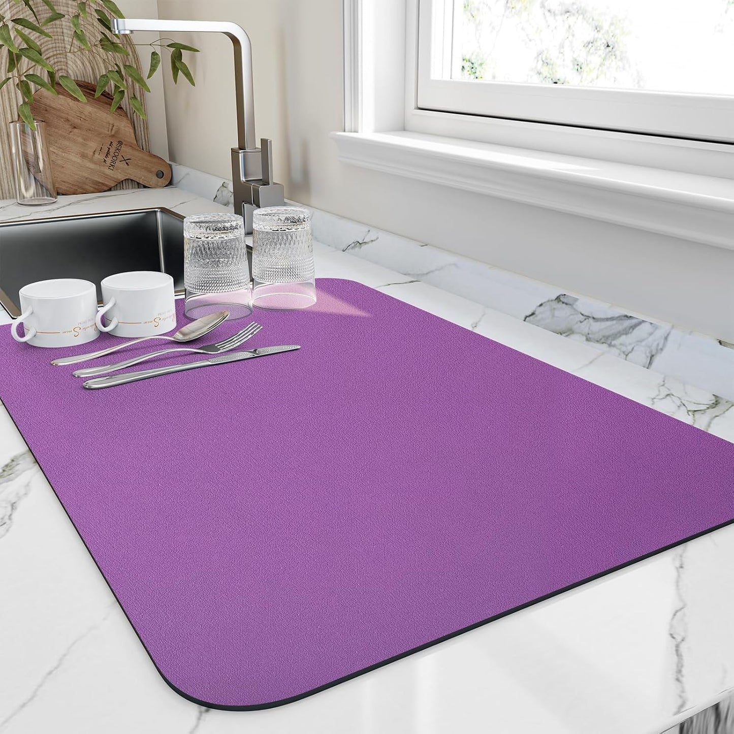 Dish Drying Mat for Kitchen Counter, Heat Resistant Drainer Mats with Non-slip Rubber Backed, Hide Stain Kitchen Super Absorbent Draining Mat, Easy to Clean Dish Rack Pad, Purple 16"x18"
