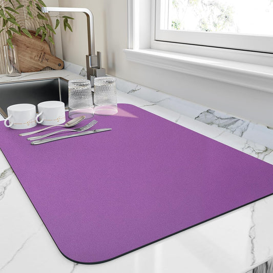 Dish Drying Mat for Kitchen Counter, Heat Resistant Drainer Mats with Non-slip Rubber Backed, Hide Stain Kitchen Super Absorbent Draining Mat, Easy to Clean Dish Rack Pad, Purple 16"x18"