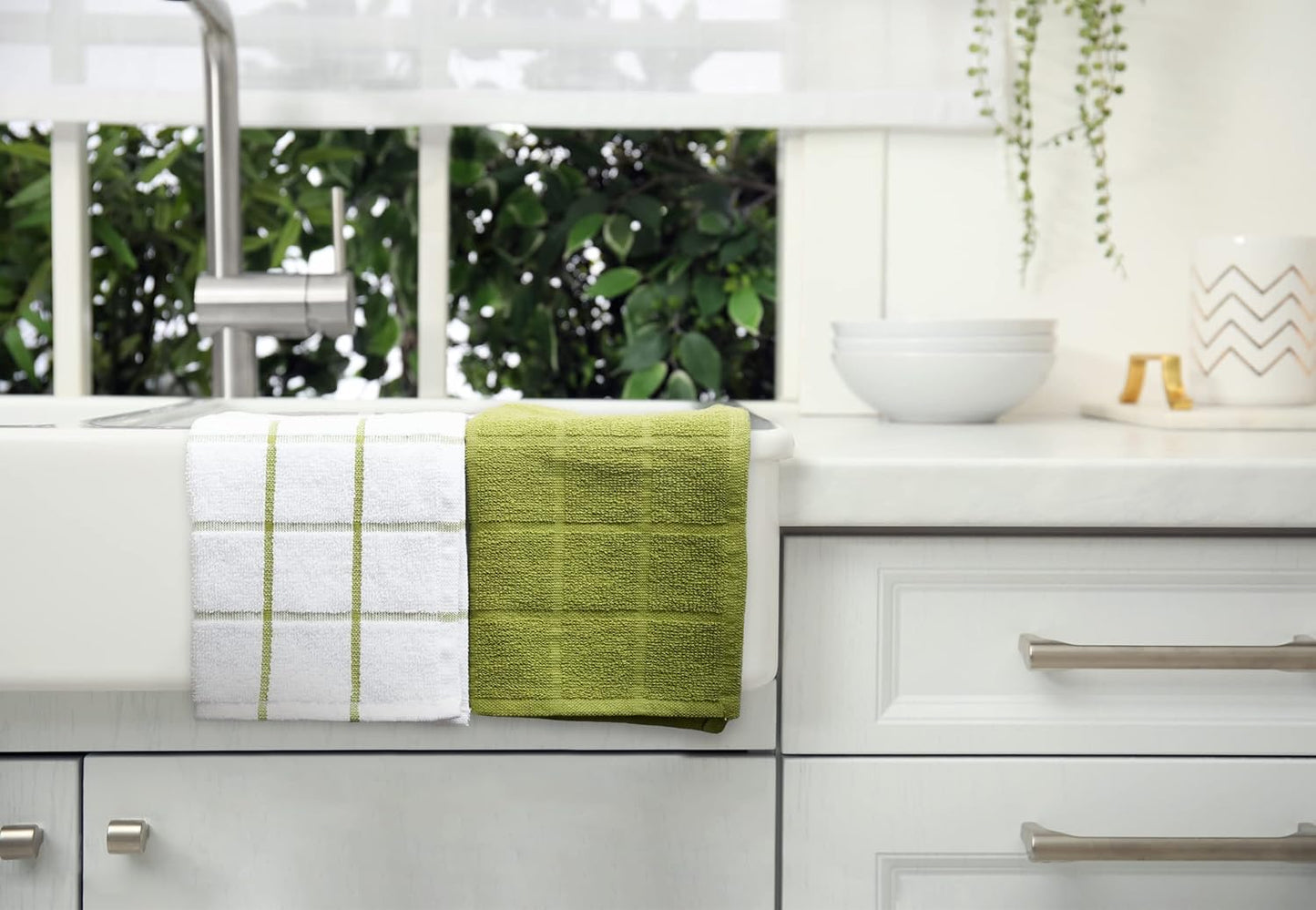 100% Cotton Terry Dish Cloth & Dish Towel, 6 Pack, Super Soft and Absorbent Kitchen Towels, Perfect for Kitchen Cleaning and Dish Washing (Green (Solid and Checks) 8 Pack)