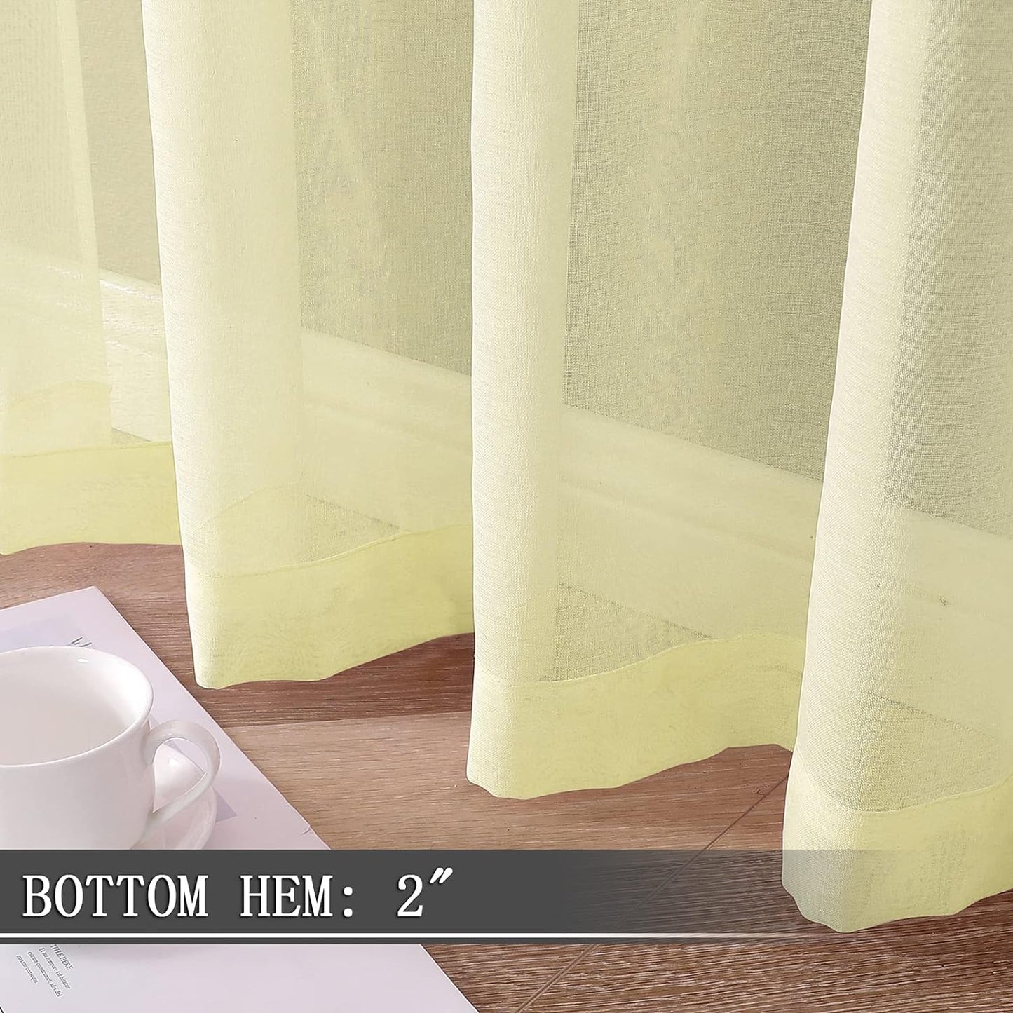 Tollpiz Short Sheer Curtain Living Room Linen Textured Curtains Sheer Light Filtering Voile Rod Pocket Curtain for Bedroom, 38 x 54 inches Long, Transparent Yellow, Set of 2 Panels