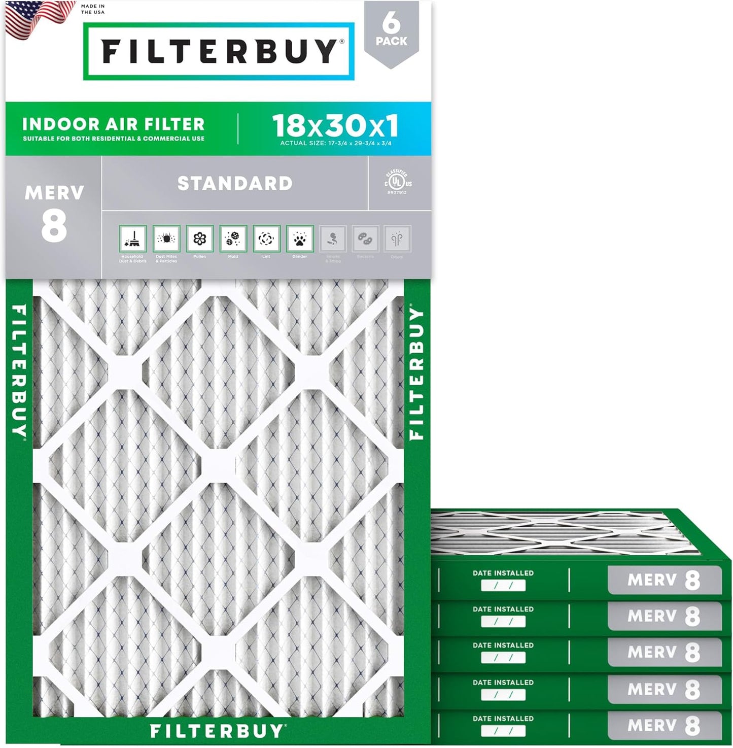 Filterbuy 18x30x1 Air Filter MERV 8 (MPR 700) Dust Defense Replacement (6-Pack), Electrostatic Pleated HVAC AC Furnace Filters, Made in USA (Actual Size: 17.75 x 29.75 x 0.75)