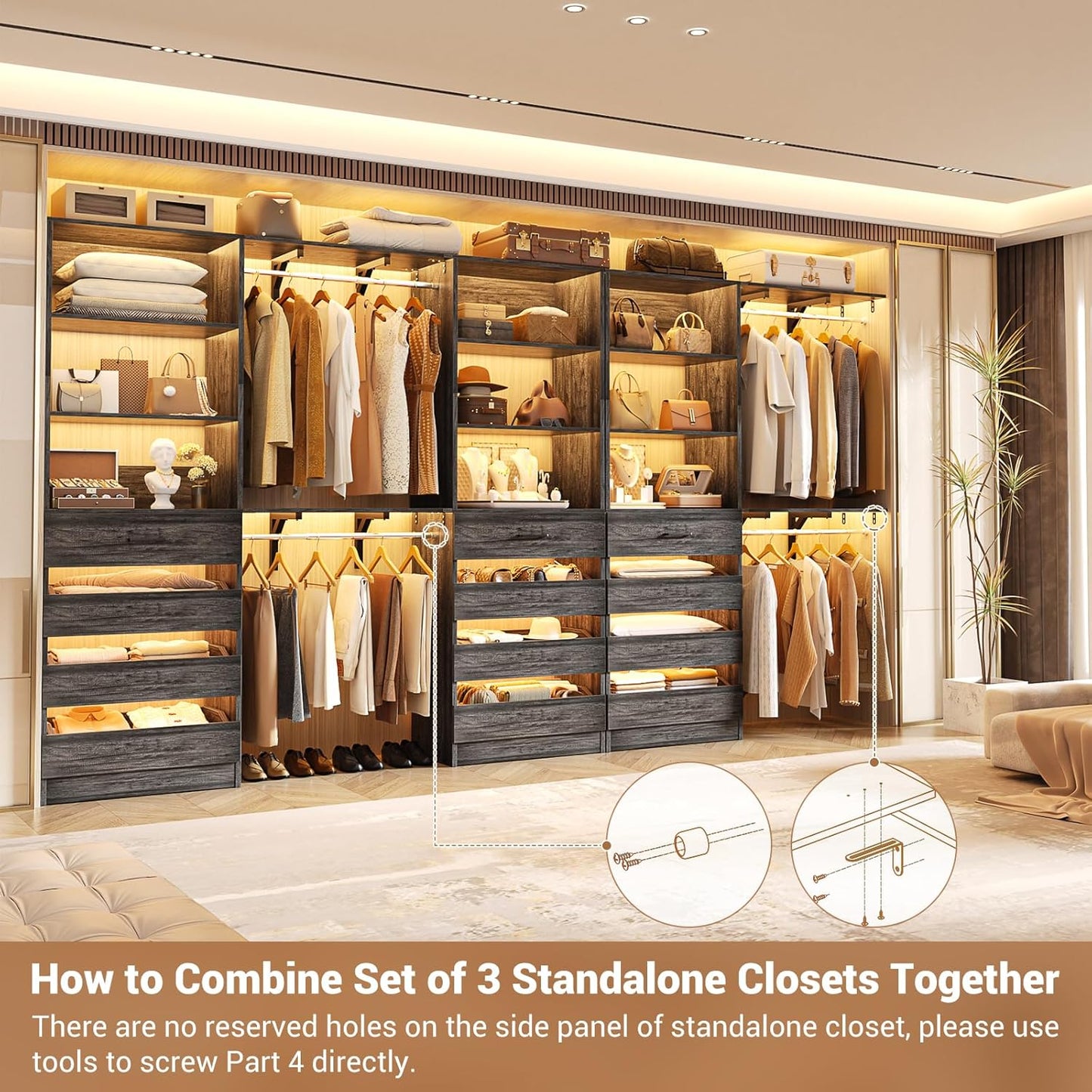 Aheaplus Closet System Set of 3, 138.5" Wood Closet Organizer System Tower with 12 Drawers & 4 Hanging Rods, 6.7+4.85Ft L Shaped Walk-in Closets Wardrobe Organizer Garment Rack with Shelves, Black Oak