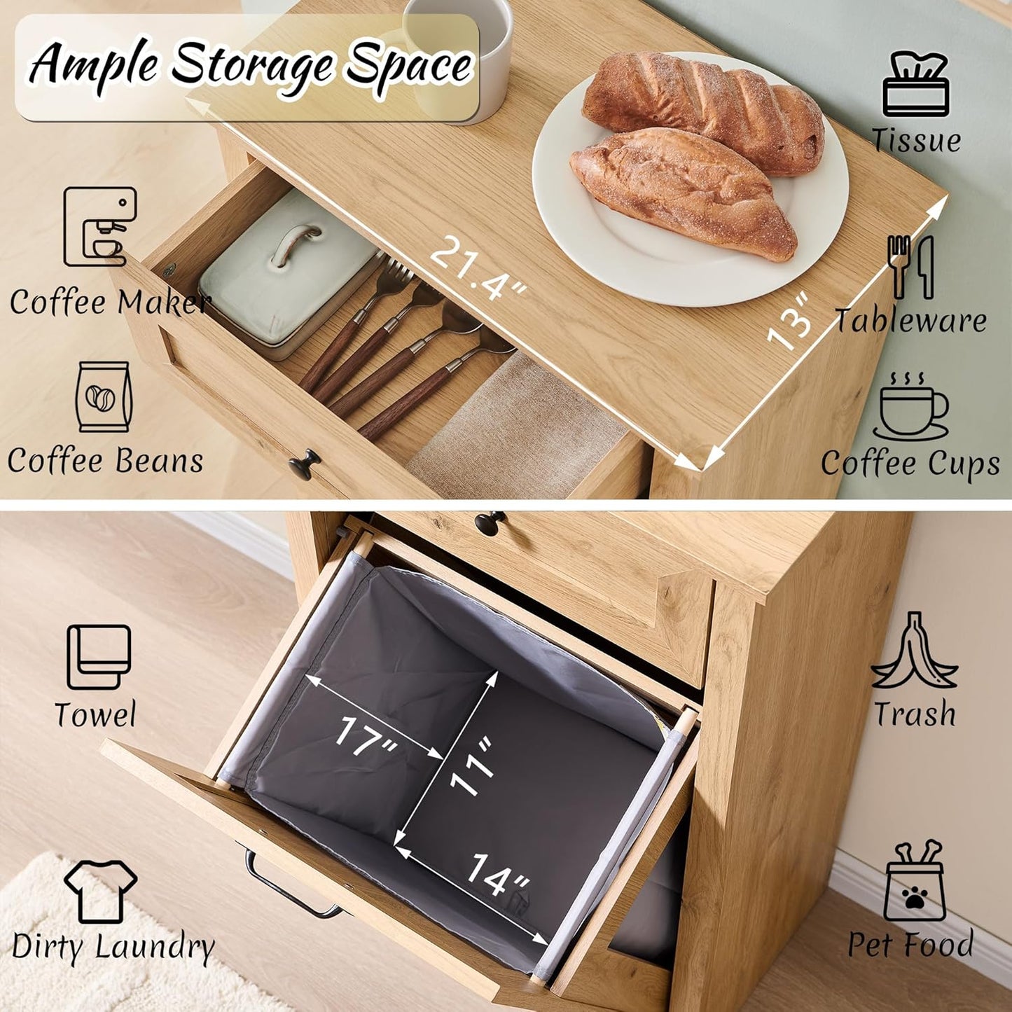 Tilt Out Laundry Hamper Cabinet, 10 Gallon Farmhouse Trash Can Cabinet with Drawer, Hidden Wood Garbage Can Bin Cabinets with Laundry Storage Basket for Bathroom, Kitchen, Natural