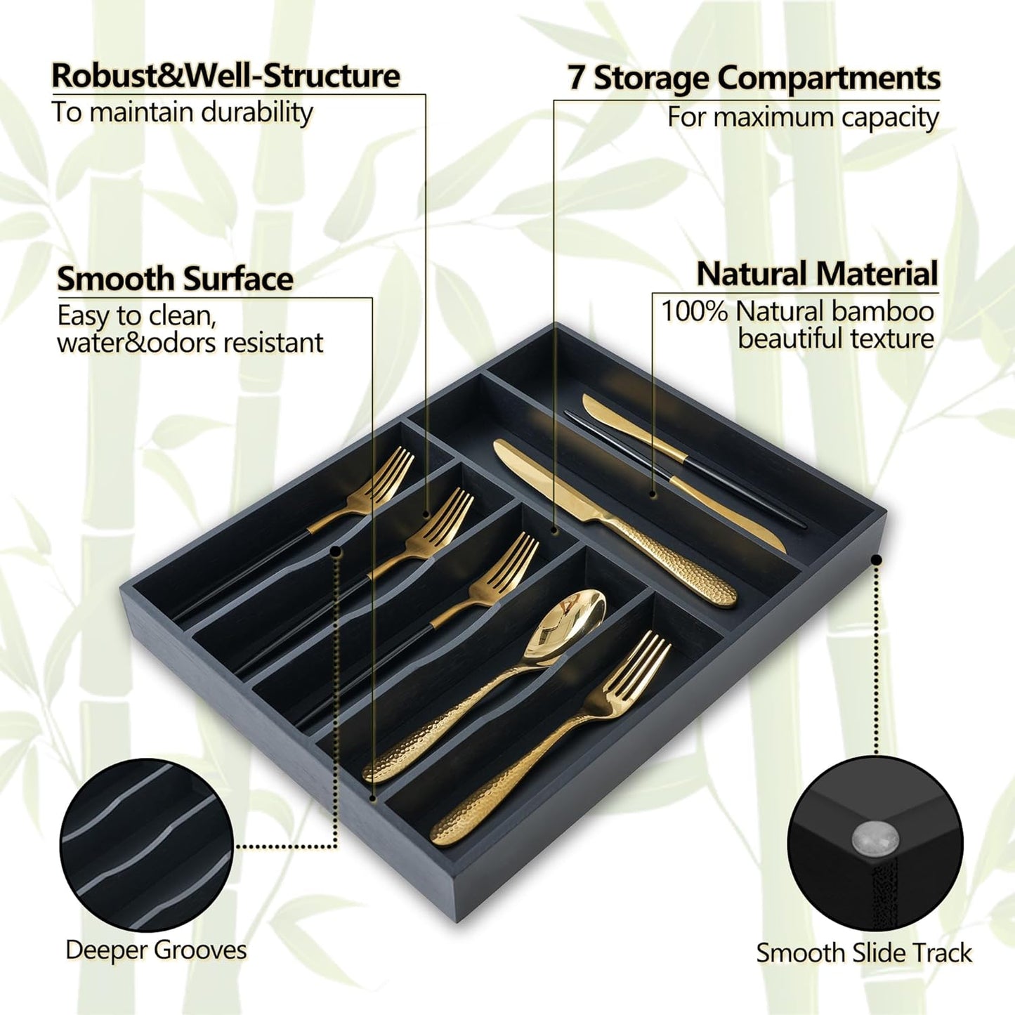 Silverware Organizer, 12.5 Inch Utensil Organizer Kitchen Drawer Organizer Bamboo Silverware Holder Cutlery Tray Organizer in Drawer Flatware Organizer Tray(7 slots, Black）