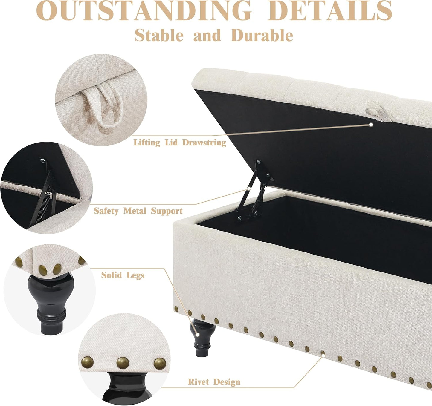 50" Storage Ottoman Bench, Tufted Ottoman with Storage for Living Room, Large End of Bed Ottomans, Modern Entryway Benchs, Window & Bedroom Benches for Foot of Bed (Light Beige)