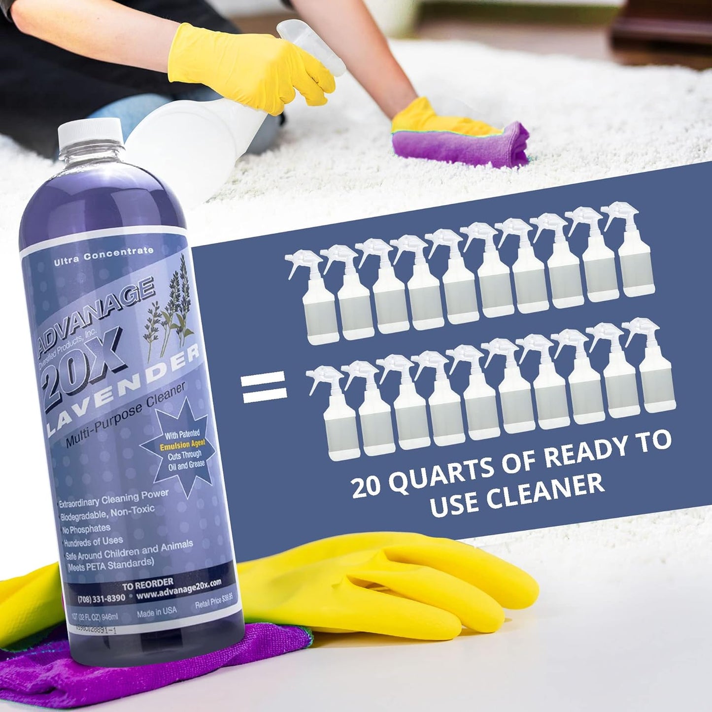 All Purpose Cleaner Concentrate - Advanage 20X The Wonder Cleaner Lavender for All Surfaces Around Bathroom, Kitchen, Oil and Grease, Multi Purpose Cleaner for Household Cleaning Solution | 32 FlOz