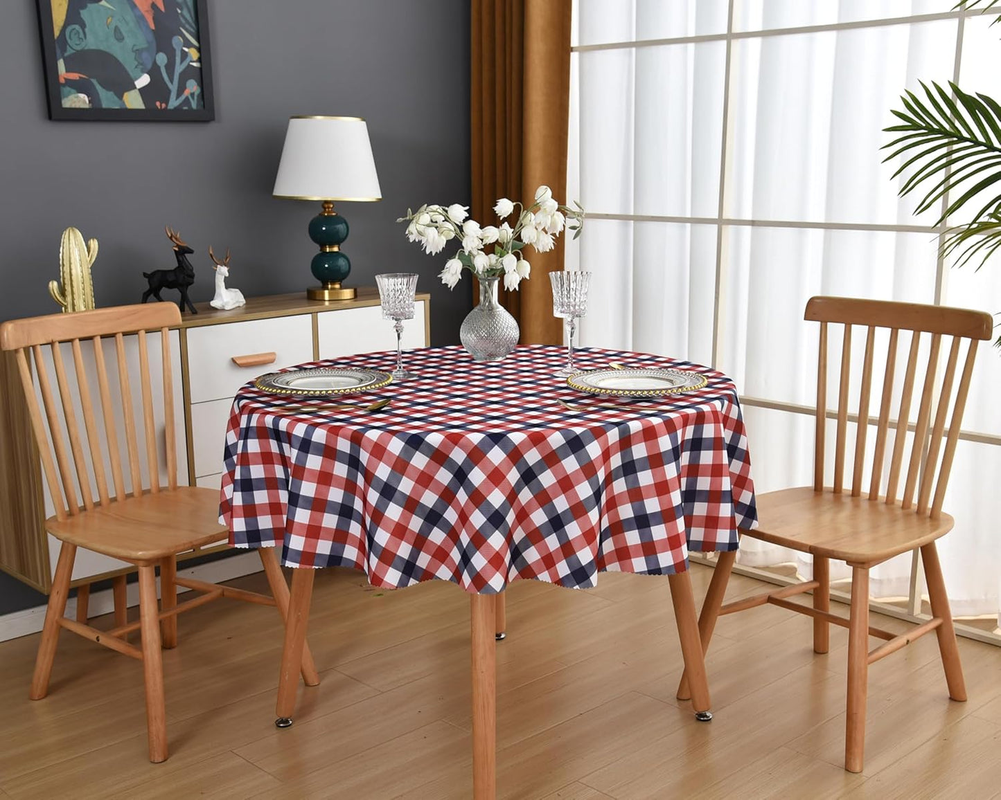 Waterproof Plaid Tablecloth Fabric - Round 25 Inch Classic Gingham Checker Table Cloth for Indoor/Outdoor Use - Buffalo Table Cover for Picnics, BBQs, and Parties