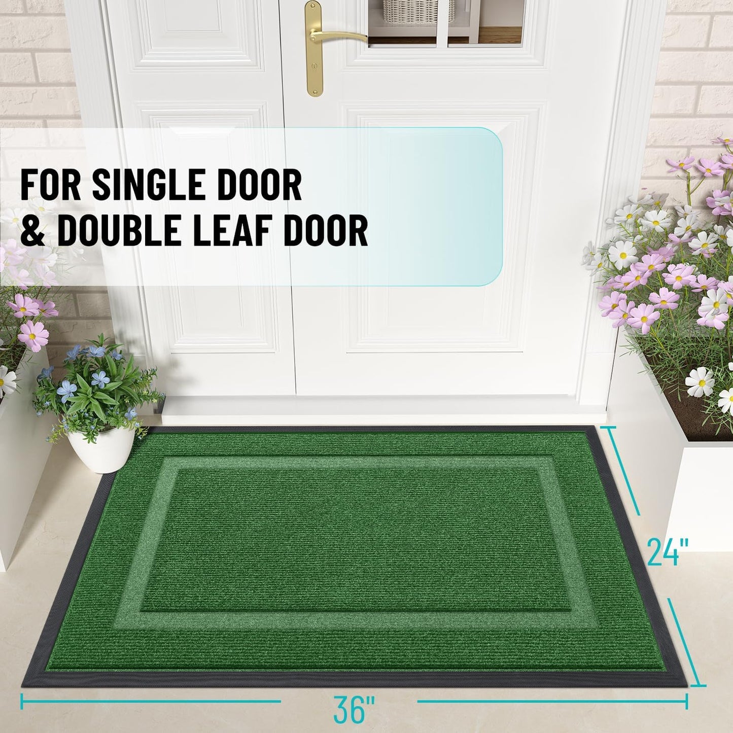 OLANLY Front Door Mat Indoor Outdoor Entrance, Waterproof All-Season, All-Weather Doormat, Sturdy Natural Rubber, Fade Resistant, Low Profile, Easy Clean Patio Porch Entryway Mat, 36x24, Green