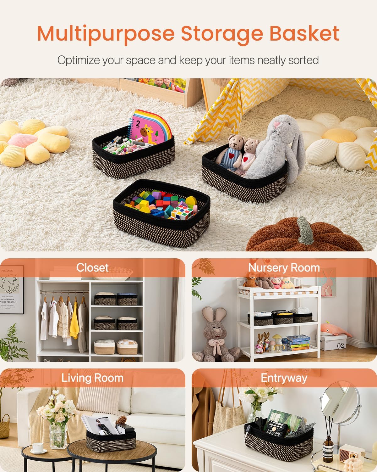 Small Woven Basket, 12 x 8 x 4.5 Inches, Storage Basket for Organizing, Cute Small Rope Shelf Closet Cube Storage Bins Baskets for Shelves, Dog Toy Gift Baskets Empty, 3 Pack Black & Brown