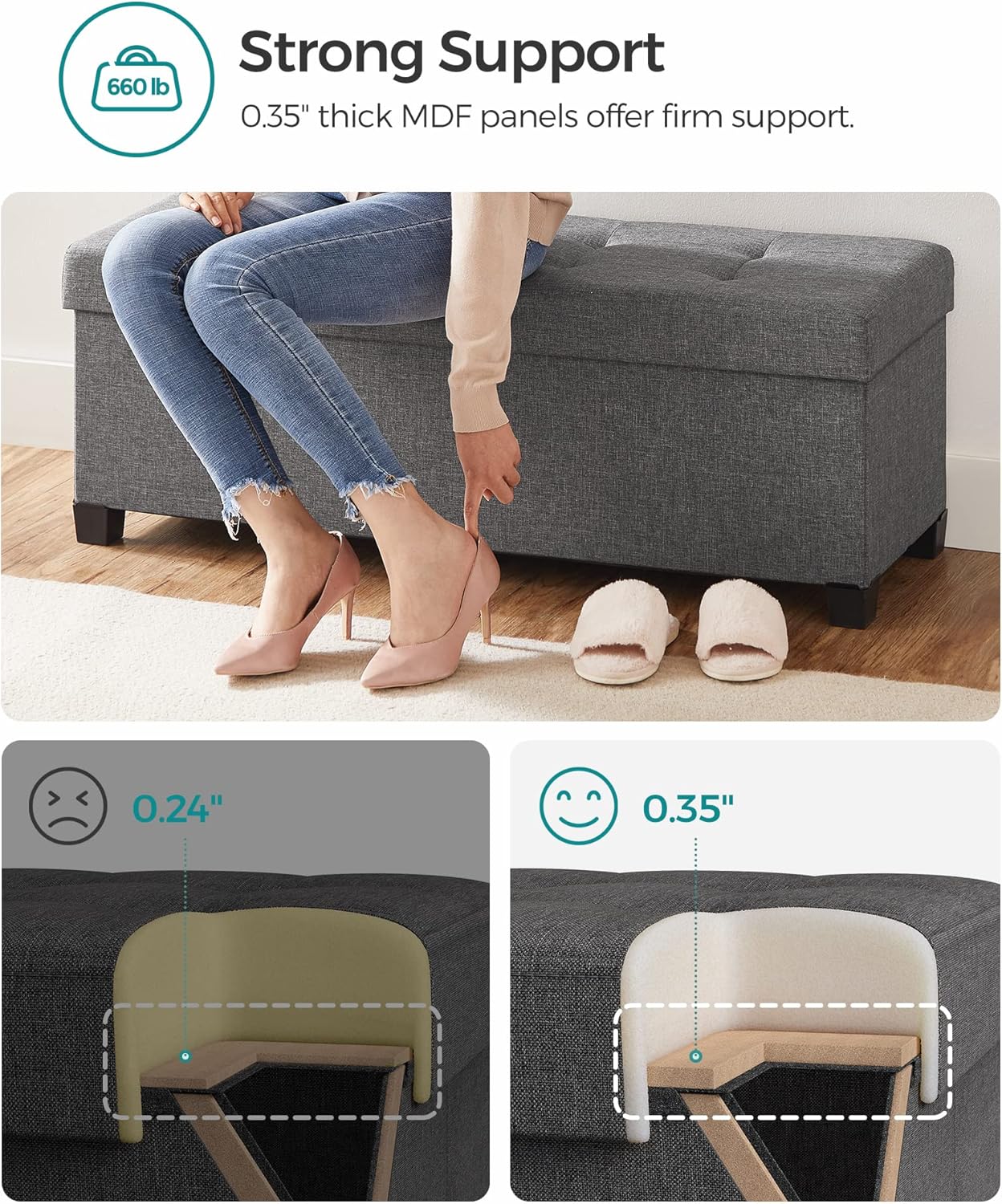 SONGMICS Storage Ottoman Bench, Foldable Foot Rest with Legs, 15 x 43 x 15.7 Inches, End of Bed Bench, Storage Chest, Load up to 660 lb, for Living Room, Bedroom, Entryway, Slate Gray ULSF018G01