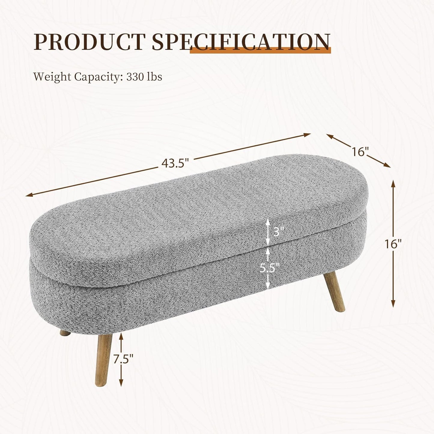 Furnimart 43.5" Queen Size Storage Ottoman Bench, Flip Top End of Bed Storage Bench, Upholstered Blanket Bench for Bedroom, Entryway, Living Room, Tufted Looped Pile Yarn Fabric (Grey)