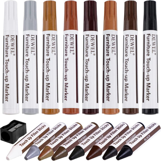 DEWEL Furniture Markers Touch Up, Upgrade Wooden Furniture Repair Kit, Premium Wood Scratch Repair Markers and Wax Sticks for Wood Stains Scratches Hardwood Floors Tables, Set of 17