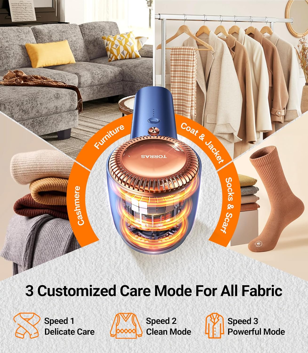 TORRAS Fabric Shaver Lint Remover, Rechargeable Electric 3-Speed Sweater Shaver Remove Fuzz, Pilling for Cashmere, Wool, Coat, Furniture, Clothes depiller with Replacement Blades, Blue