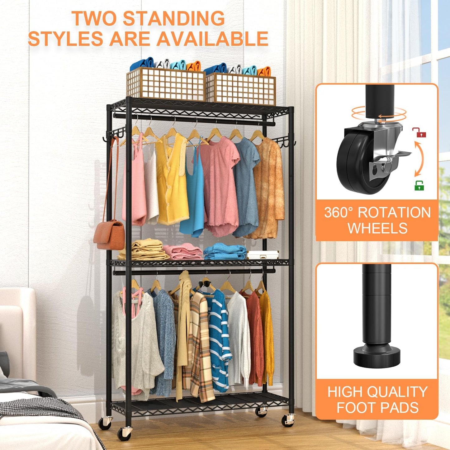 Clothes Rack, Clothing Racks for Hanging Clothes, 3 Tiers Adjustable Garment Rack with Wheels | Double Rods | Side Hooks | Heavy Duty | Load 445lbs | 15.7" D x 35.43" W x 78.34" H | Black