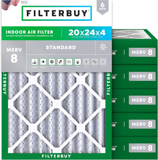 Filterbuy 20x24x4 Air Filter MERV 8 (MPR 700) Dust Defense Replacement (6-Pack), Electrostatic Pleated HVAC AC Furnace Filters, Made in USA (Actual Size: 19.38 x 23.38 x 3.63)