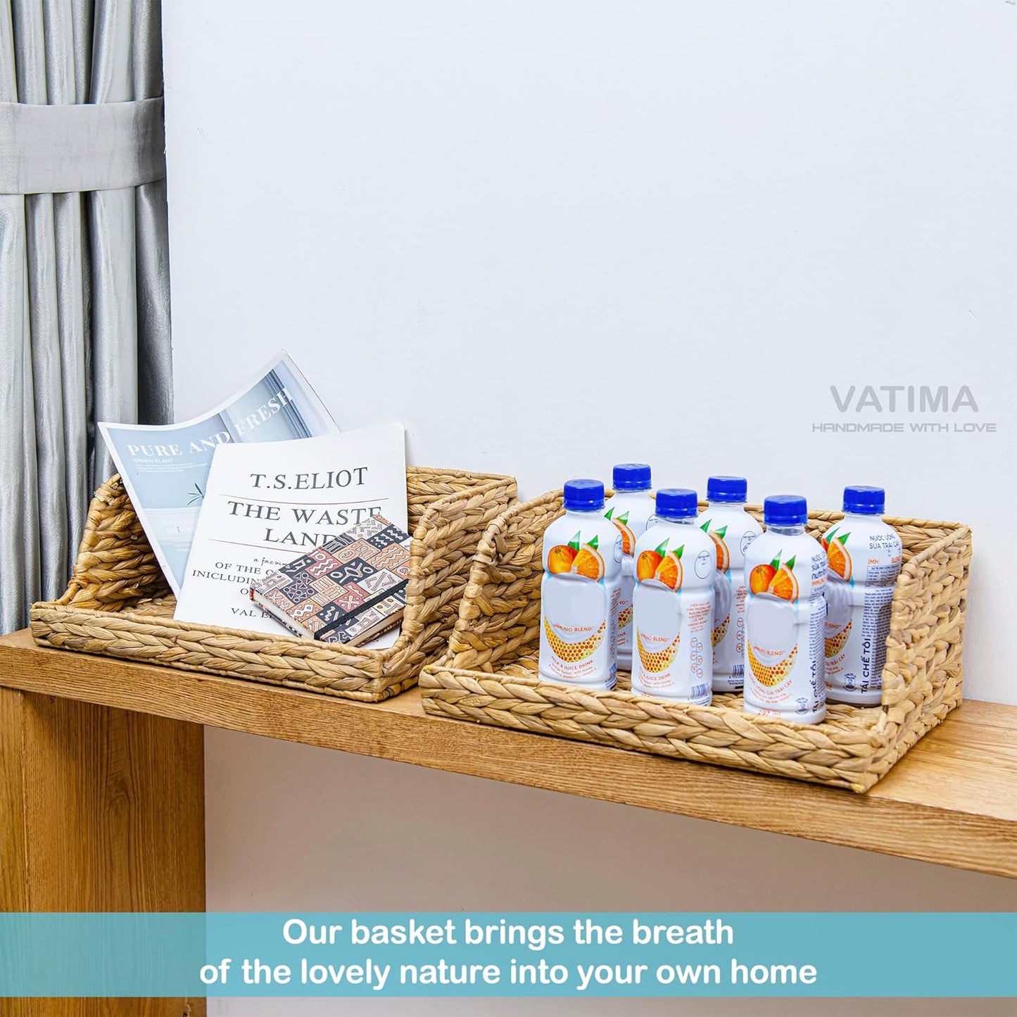 VATIMA Water Hyacinth Storage Baskets with Large Open-Front for Kitchen, Decorative for Living Room, 13.4” x 9.5” x 5.5”, 2 Pack